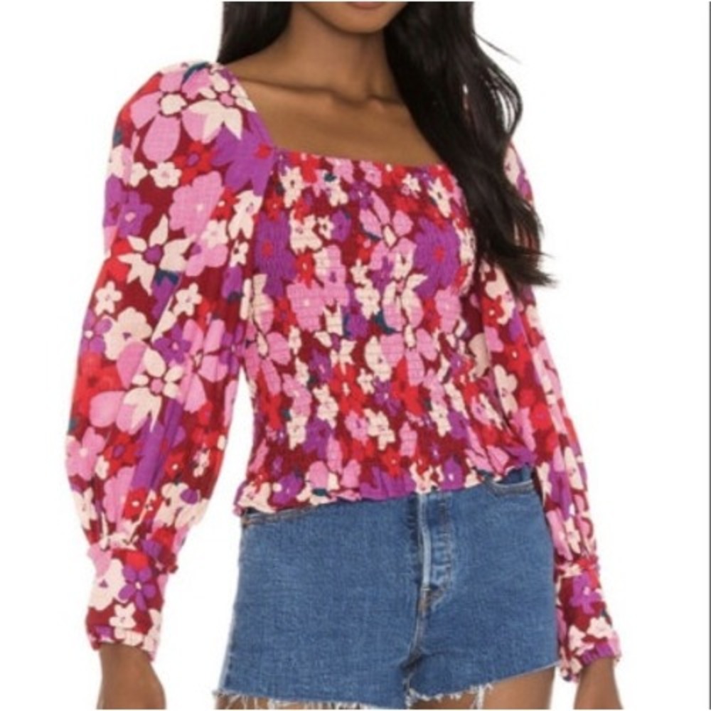 Free People Womens Floral Top Smocked Puff Sleeve Festival Cottagecore Boho
